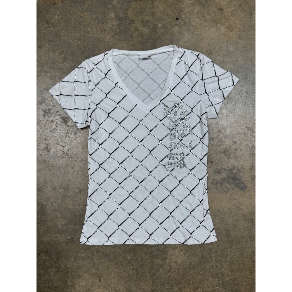 Skin Rhinestone Logo V-Neck‎ T-Shirt Womens M White Y2K Chainlink Graphic